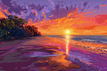 Beautiful Tropical Beach Scenery at Dawn or Dusk Hand Drawn Painting Illustration