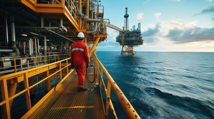 A man travels across the water, on a bridge connecting the oil rig to the boat, under a sky filled...