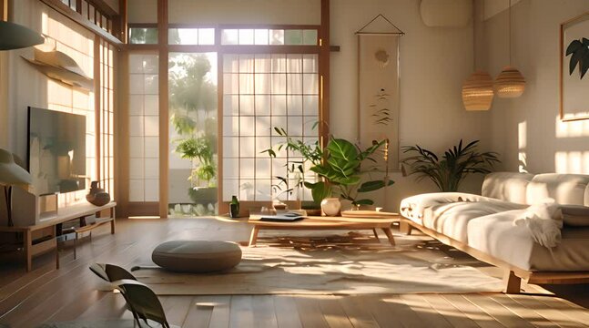 Modern interior japandi style design livingroom. Lighting and sunny scandinavian apartment with plaster and wood. 3d render illustration.

