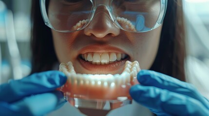Dentist meticulously assesses precision in the quality of fabricated teeth whitening splints