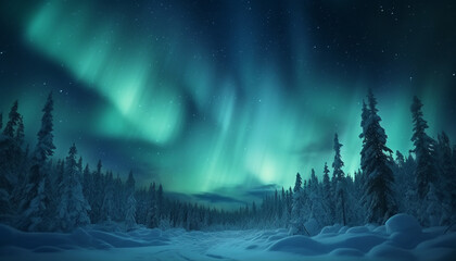 Aurora borealis. Northern lights in winter for Christmas. AI-Generated Image - obrazy, fototapety, plakaty