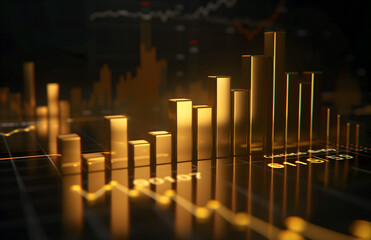 gold bar graph on a black background with a stock market chart depicting business growth