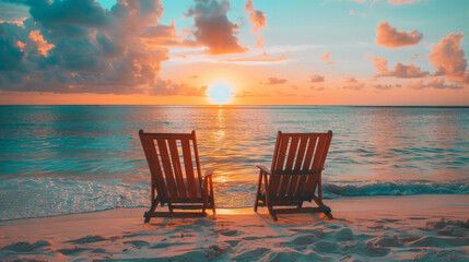 Two beach chairs are facing the ocean, with the sun setting in the background