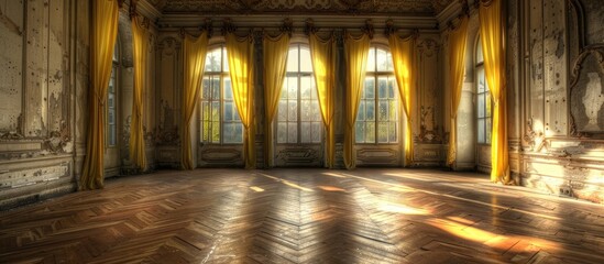 Obraz premium HDR processing in an empty castle with yellow curtains on the windows.