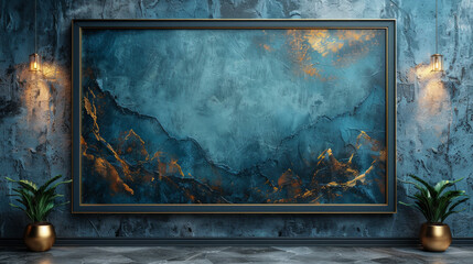 A large framed painting of a blue ocean with gold accents