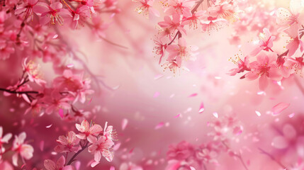 A pink background with cherry blossoms in the foreground
