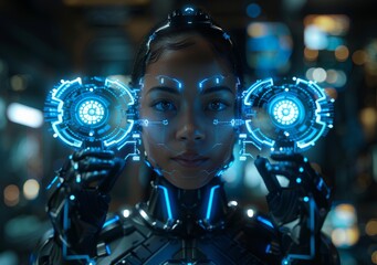 Fototapeta premium futuristic cyborg robot woman in futuristic suit with glowing lights