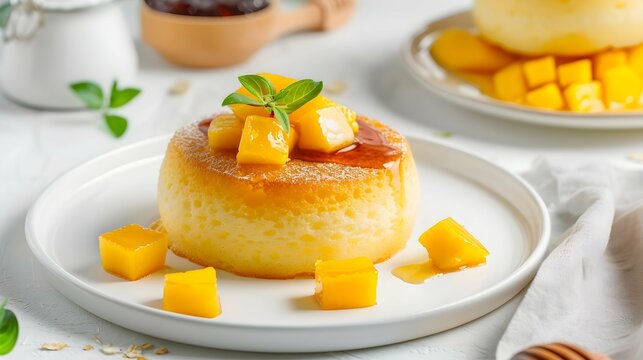 Delicious Japanese souffle pancake with dice mango and jam on white table background.