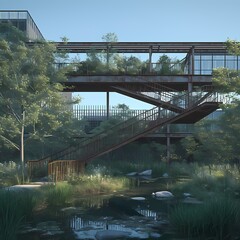 A captivating scene of a steel footbridge threading through an untamed city park. This image exudes tranquility and urban beauty, perfect for projects requiring a blend of nature and architecture.