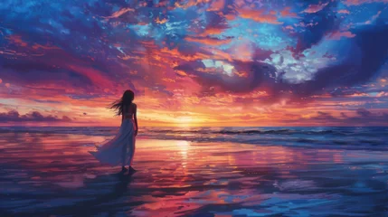Schilderijen op glas A woman is walking on a beach at sunset © tope007