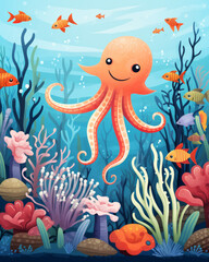 Fototapeta na wymiar Cheerful Octopus in Colorful Coral Reef Illustration