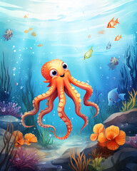 Fototapeta na wymiar Cartoon Octopus Underwater Scene