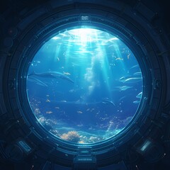 A breathtaking view of marine life through the porthole of a submarine, capturing the awe-inspiring beauty and mystery of the ocean depths.