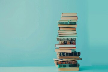 Stack of books on light blue background. Education, library, passion for reading concept