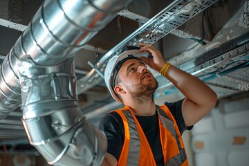 Hvac service worker install ducted pipe system for ventilation and air conditioning 