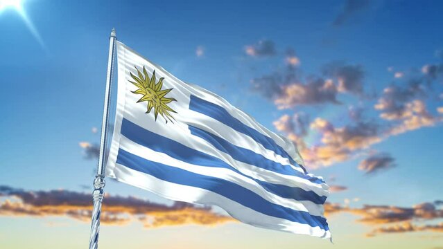 Uruguay flag Waving Realistic With Sky