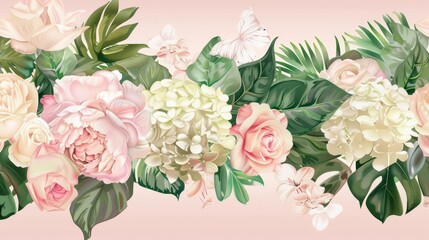 Dusty pink and cream rose, peony, hydrangea flower, tropical leaves vector garland wedding - obrazy, fototapety, plakaty