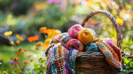 Obraz premium A basket filled with yarn in a garden