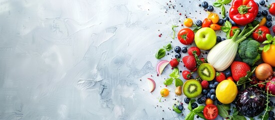 Variety of fresh, mature fruits and vegetables. Background with food concept. Top perspective with...
