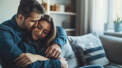Loving husband man comforting upset wife while hugging her and sitting on the sofa at home