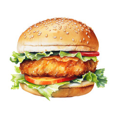 Watercolor Fried Fish Burger with Lettuce, Tomato, and Mayonnaise