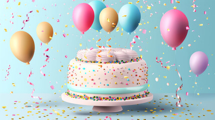 A birthday cake with colorful balloons and sprinkles on top