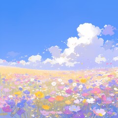 A serene meadow blooming with a rainbow of wildflowers. A picturesque pastoral scene perfect for nature and rural themes.