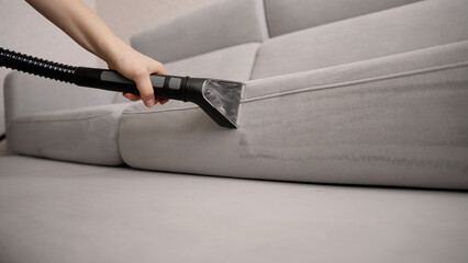Deep cleaning of a sofa with a machine. Close-up of a housekeeper holding a modern washing vacuum...