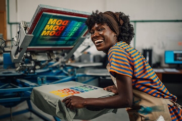 Happy interracial worker finishing silk screen printing at workshop.