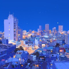 Elevated Vantage Point Captures the Charm of City Life During Twilight, Perfect for Urban Lovers and Travel Posters