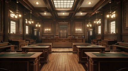 Luxury empty retro classic courtroom building interior in wooden style. AI generated image - obrazy, fototapety, plakaty