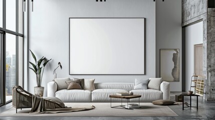 Interior modern minimalist modern living room with white mockup frame background. AI generated