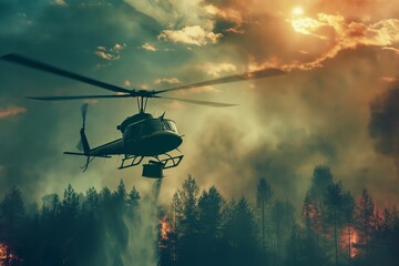 Firefighting helicopters carry water buckets to extinguish, helicopters carry water to stop the fire, fires in the forest, forest burn, summer forest burns, firefighter background, fire background