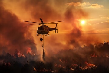 Firefighting helicopters carry water buckets to extinguish, helicopters carry water to stop the fire, fires in the forest, forest burn, summer forest burns, firefighter background, fire background