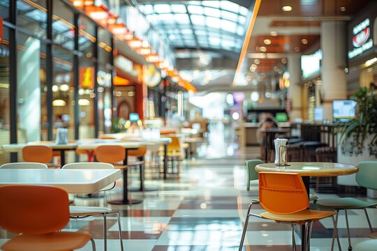 A vibrant shopping mall food court bustling with shoppers and diners, featuring blurred figures for a dynamic scene