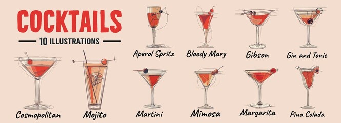 Alcoholic cocktails vector illustration.Bloody mary, pina colada, mojito, margarita,Mimosa, margarita. - obrazy, fototapety, plakaty