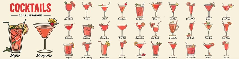 Alcoholic cocktails vector illustration. Moscow mule, bloody mary, pina colada, mojito, margarita, daiquiri, Mimosa, long island iced tea, Bellini, margarita. - obrazy, fototapety, plakaty