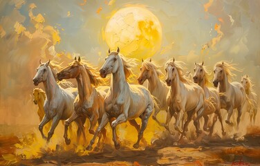 Oil painting of eight horses running towards the sun, golden light, beige and white tones