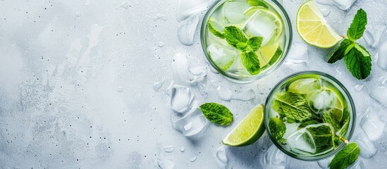 On a white concrete table, there are two highball glasses containing a traditional Mojito cocktail, made with rum, spearmint, lime juice, soda water, and ice, seen from above with space for text.