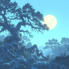 Embrace the Mystique: Moonlight-Dappled Trees and Shadows in a Dreamy Forest Landscape