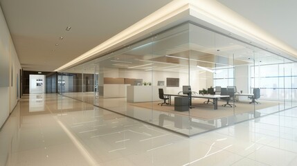 Fototapeta na wymiar Modern open space modern bright glass office interior design with white wall. AI generated