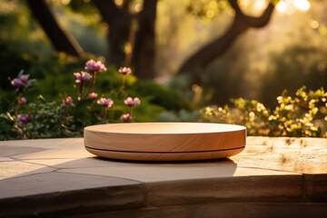 Product podium on stone table among blooming flowers in garden. Wooden platform in green field, in golden light of sunset, natural backdrop of trees and grass for product placement