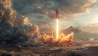 rocket launch into the space  with smoke and dust - obrazy, fototapety, plakaty