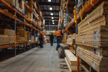 hustle and bustle of a hardware store warehouse, with workers busy restocking and organizing stacks of OSB sheets, against a backdrop of bustling activity and rows of towering shel