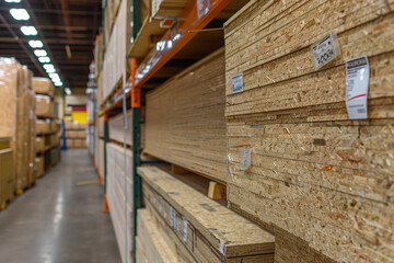 abundance of OSB sheets available for purchase in a hardware store warehouse, with stacks of panels neatly arranged and ready for customers, against a backdrop of spacious aisles a