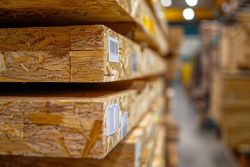 Obraz premium close-up view of OSB sheets stacked for sale in a hardware store warehouse, with detailed labels indicating size, price, and specifications, against a clean and organized backgroun
