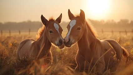 Two horses affectionately touching noses in a meadow. Concept Animal Love, Equine Bonding, Nature Connection - obrazy, fototapety, plakaty