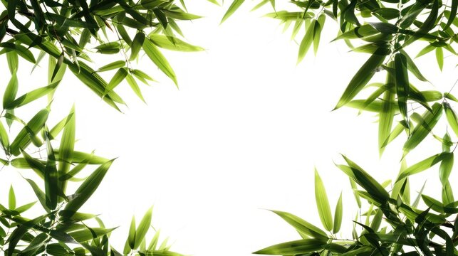 Fresh green bamboo leaves frame isolated on white background. AI generated image