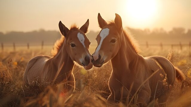 Two horses affectionately touching noses in a meadow. Concept Animal Love, Equine Bonding, Nature Connection