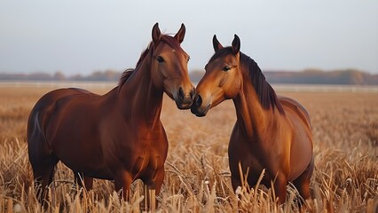 A Pair of Horses Affectionately Nuzzling in a Field. Concept Horses, Affection, Nuzzling, Field, Animals - obrazy, fototapety, plakaty